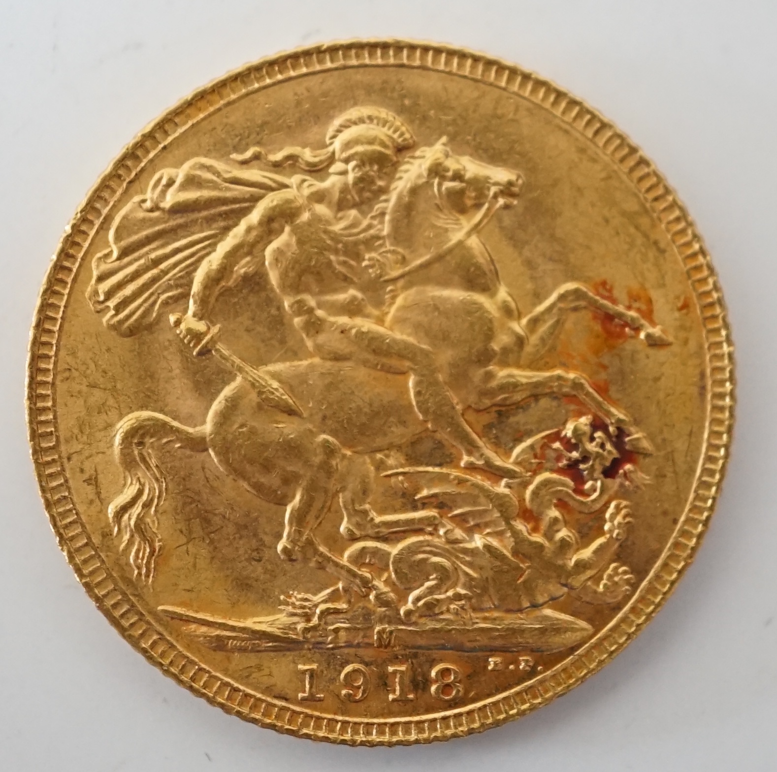 British gold coins, George V sovereign, 1918M, EF